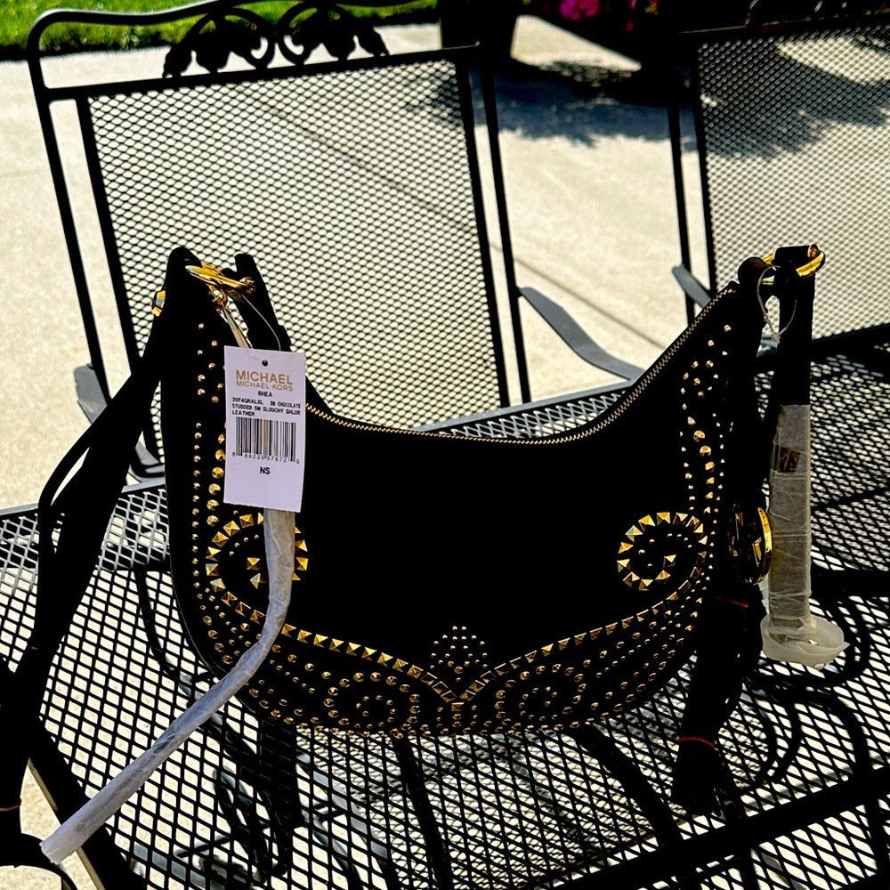Michael Kors Rhea NWT small studded slouchy shoulder bag DK chocolate